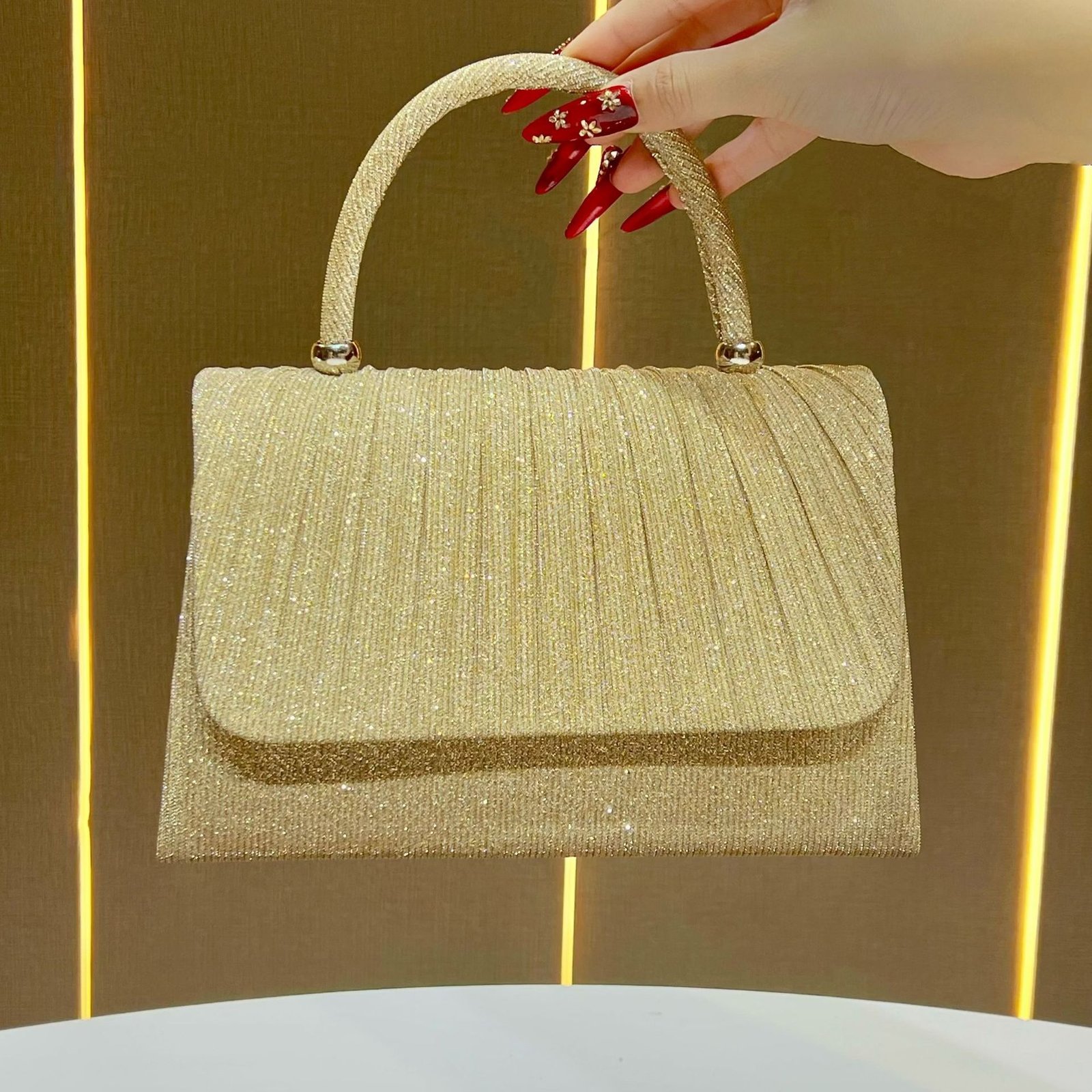Festival Gold Crinkle Handbag - Party Must-Have Dressy Clutch, Elegant Shoulder Bag For Banquet And Evening