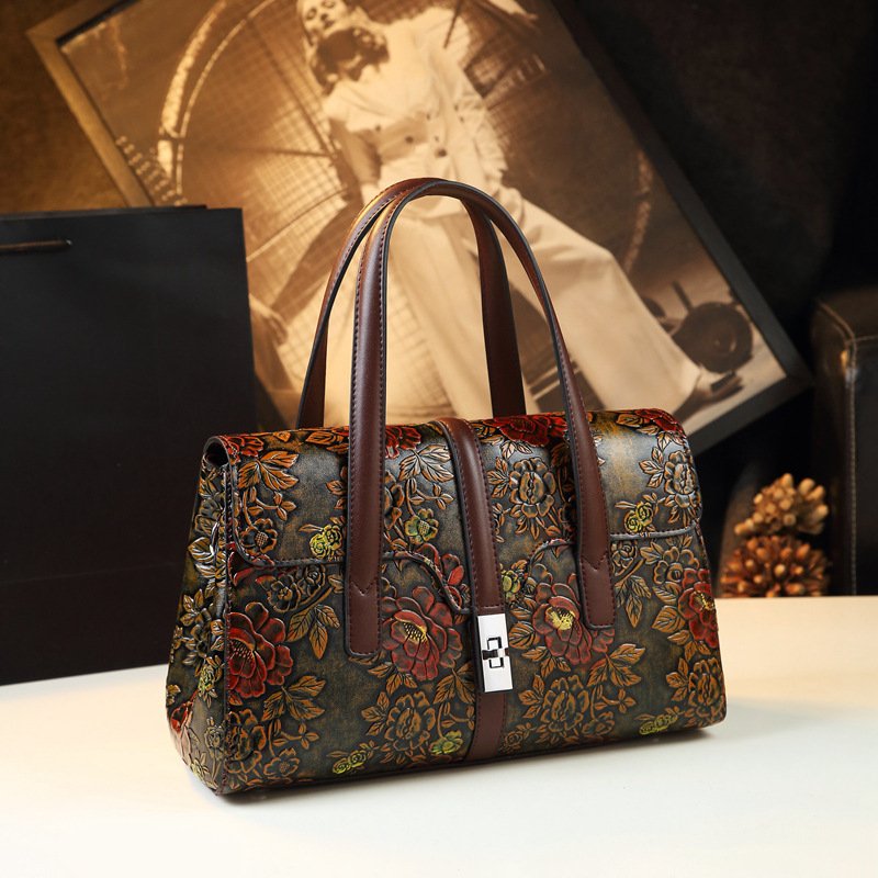 Large Capacity Vintage Embossed Leather Hand Bag